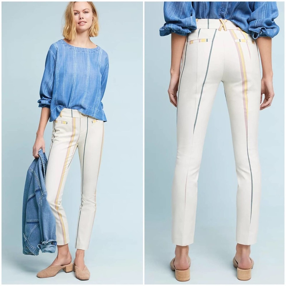 Anthropologie Cream Cropped Pants with Pastel Vertical Stripes